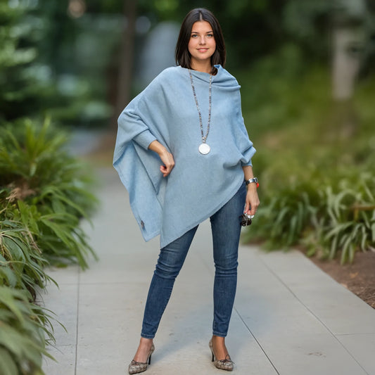 100% Cashmere Wool Oversized Julian Poncho-Ice Blue