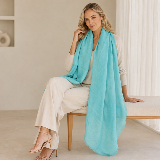 Julian Oversized handwoven pure cashmere scarf- Tropical Aqua
