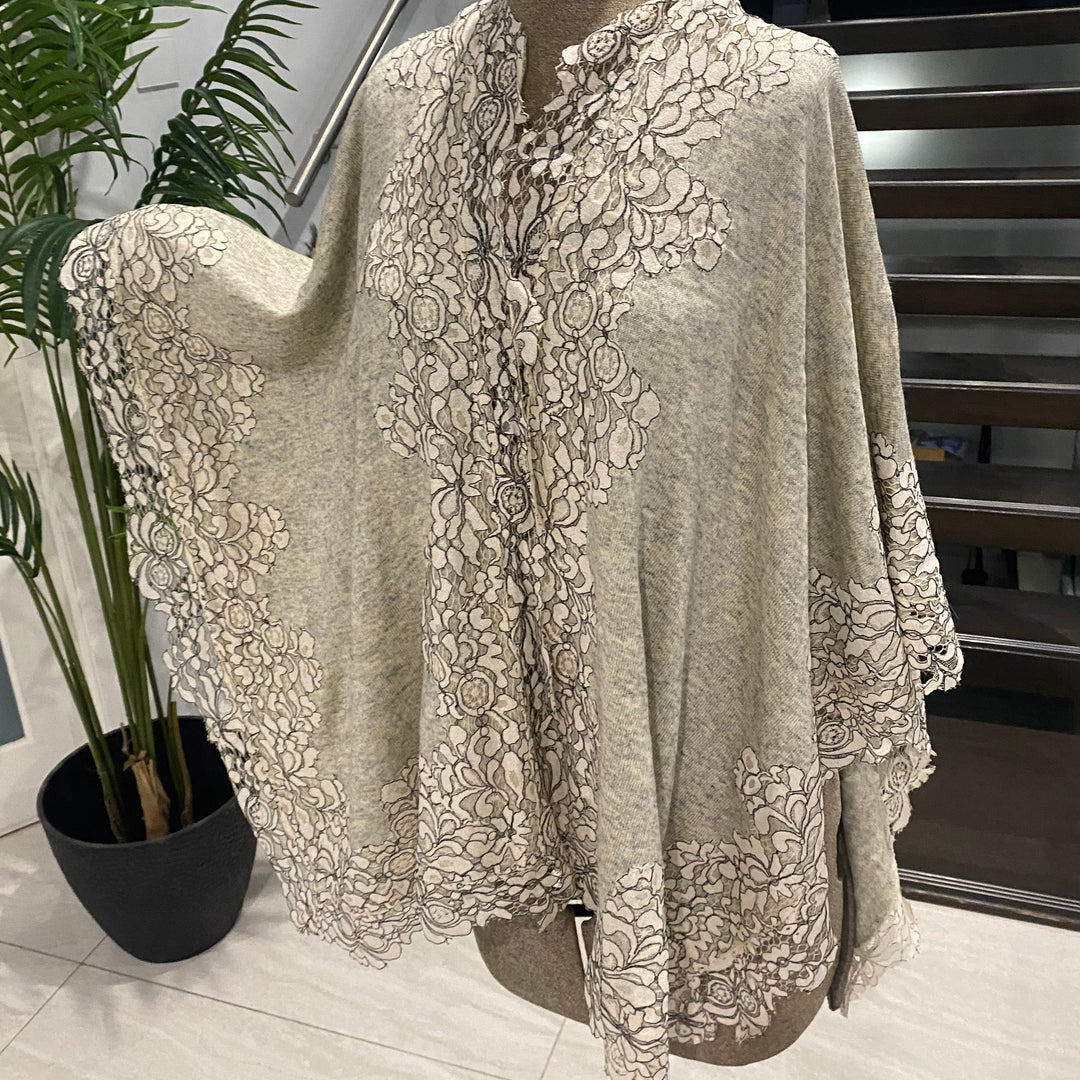 Heather Grey Oversized Julian 100% Cashmere Knitted Cape Shawl with Lace