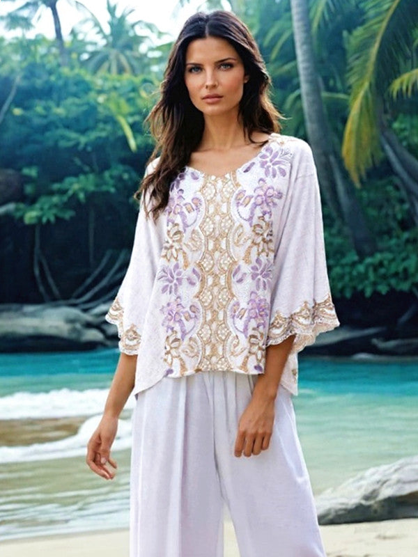 White-Hues of Lilac Embroidered Maya Top Tunic KaftanOSFA 14-24