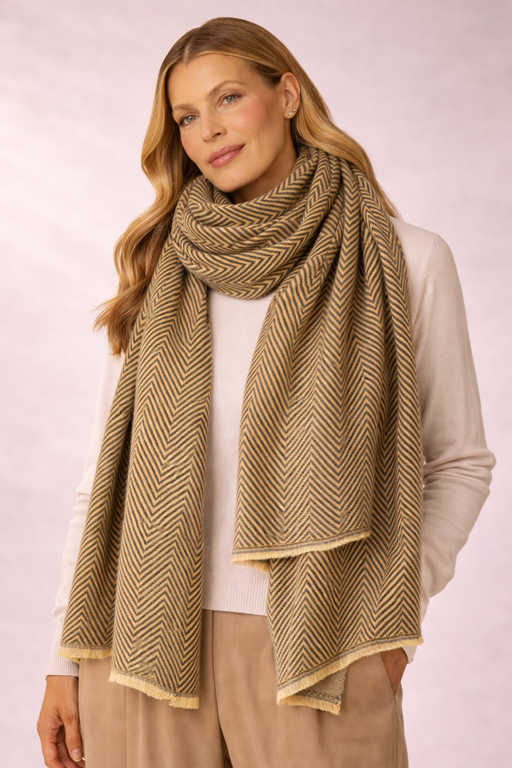 Olive Julian Cashmere Herringbone Unisex Scarf