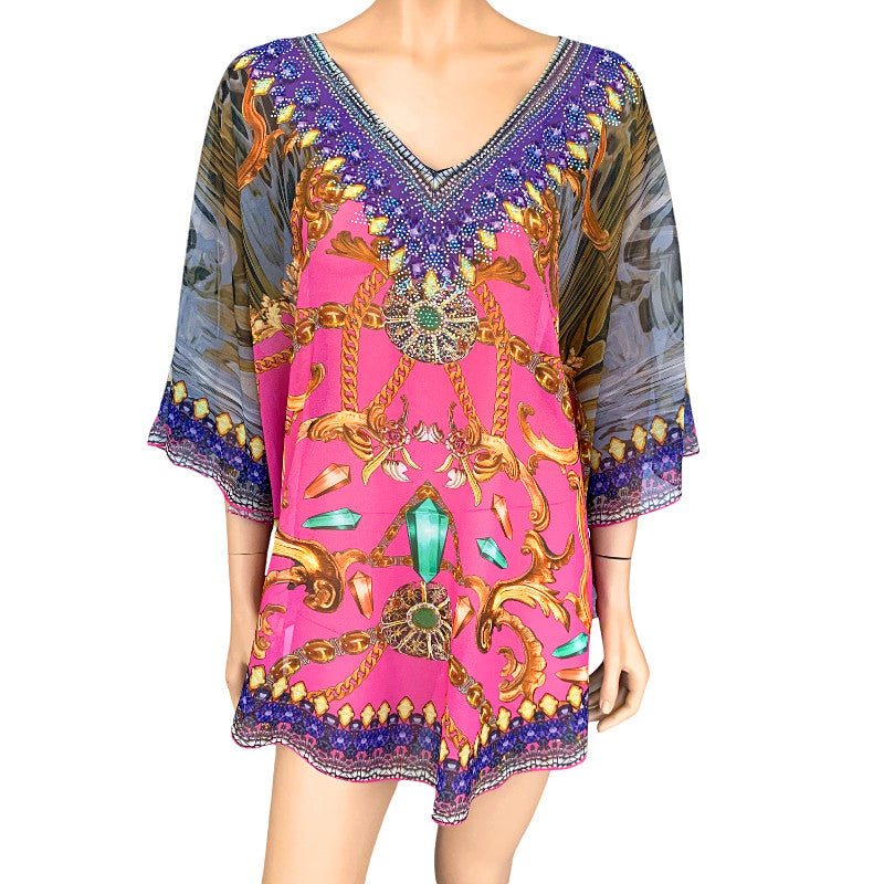 Kyra Relax Fit Bohemian Sheer Embellished  Kaftan Top One Size 10 to 20