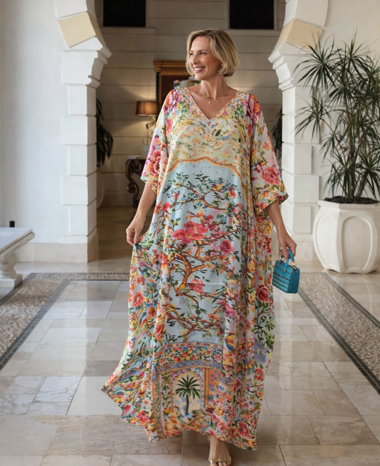 Oasis Mirage Maya Mix Silk Embellished Bling Kaftan.            Sizes Available AU 12-32