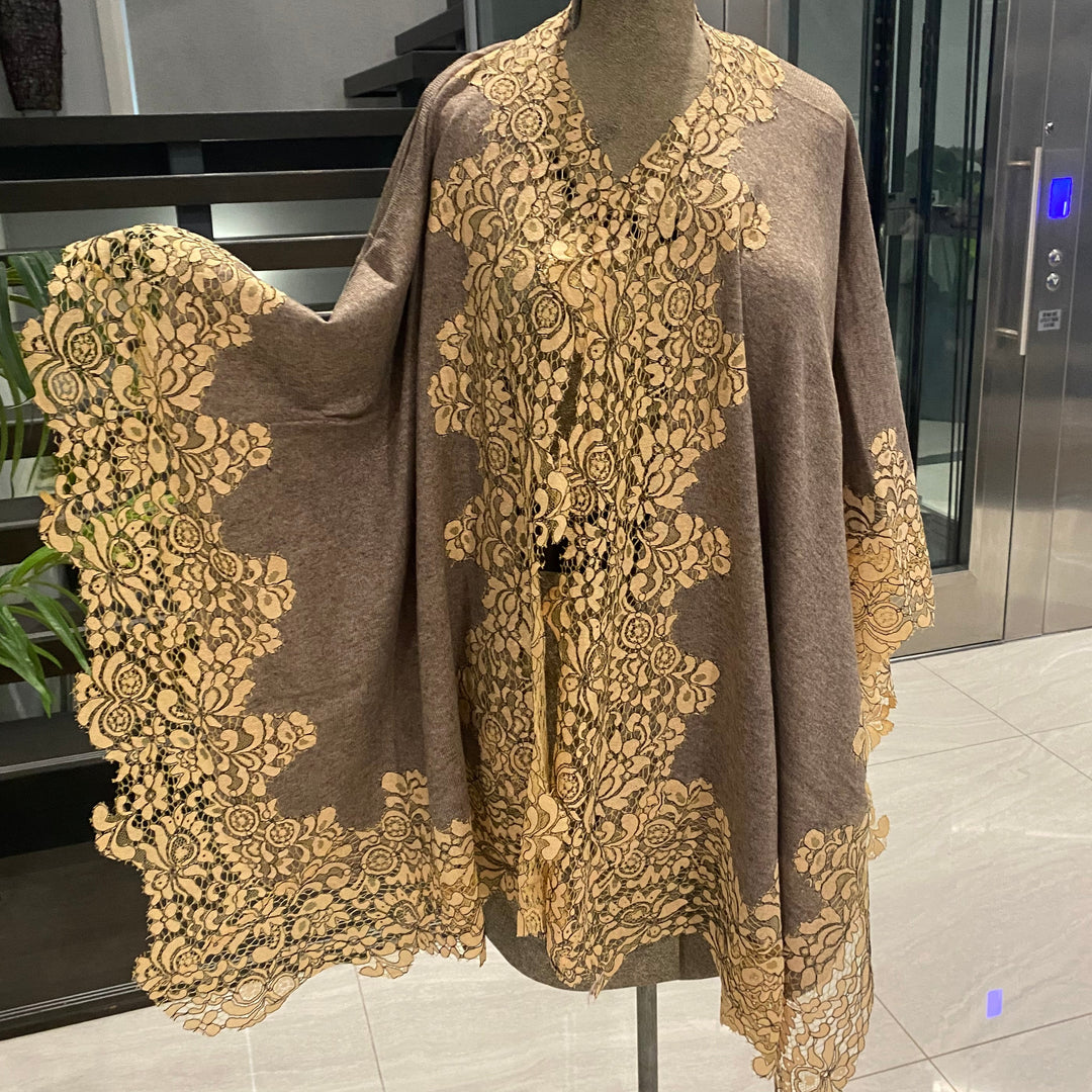 Taupe Brown Julian 100% Cashmere Oversized Knitted Cape with Lace