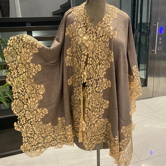 Taupe Brown Julian 100% Cashmere Oversized Knitted Cape with Lace