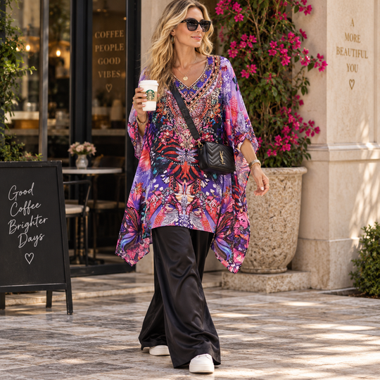 Maya Mix Silk Embellished Bling Short Kaftan. Sizes Available AU 12-32
