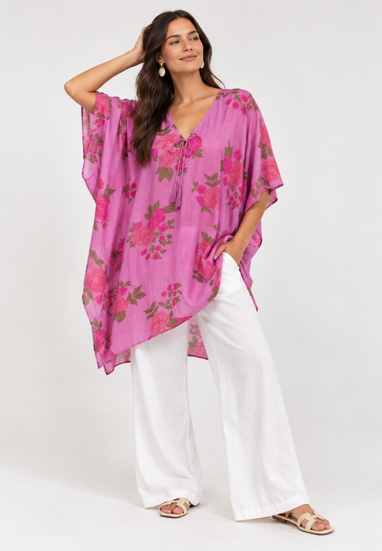 100% Cotton Maya Top Tunic Kaftan With Front Tie - O/S 14-26