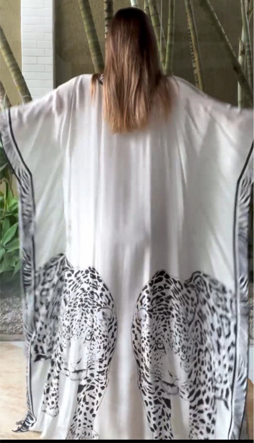 White Leopard 100% Silk Luxurious Coco Bella kaftan 12-20