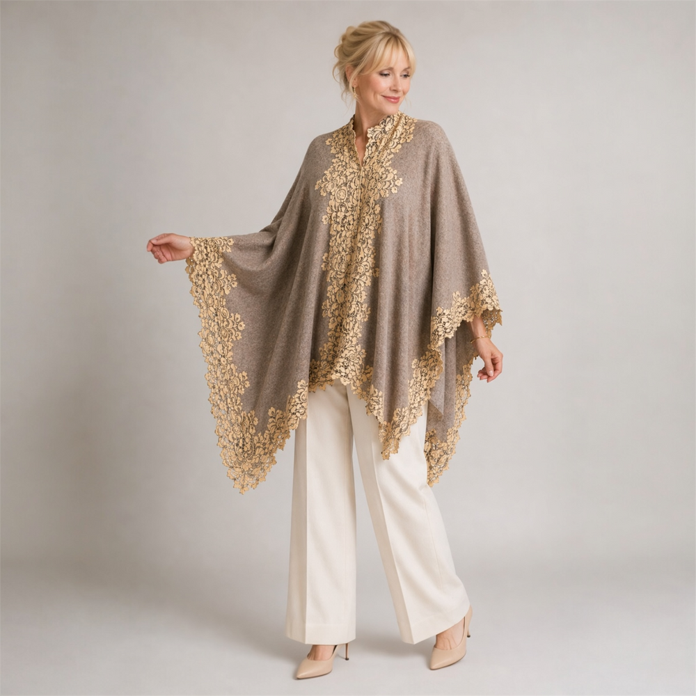 Julian 100% Cashmere Oversized Knitted Cape with Lace