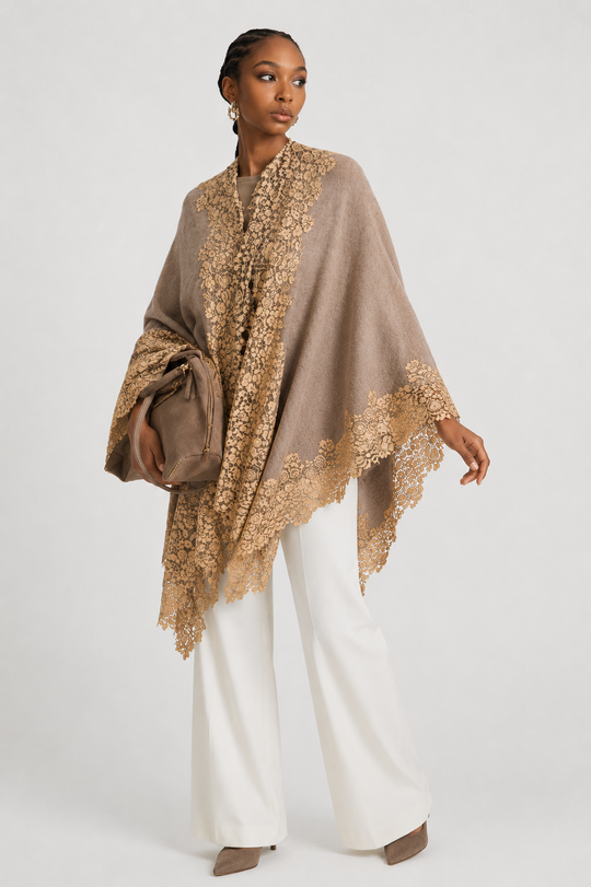 Taupe Brown Julian 100% Cashmere Oversized Knitted Cape with Lace