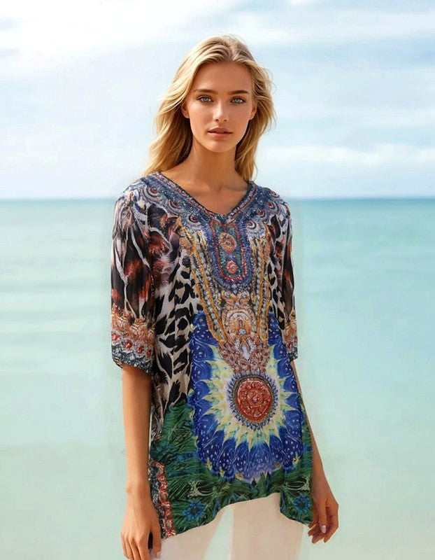 Kyra Relax Fit Bohemian Sheer Embellished  Kaftan Top One Size 10 to 22