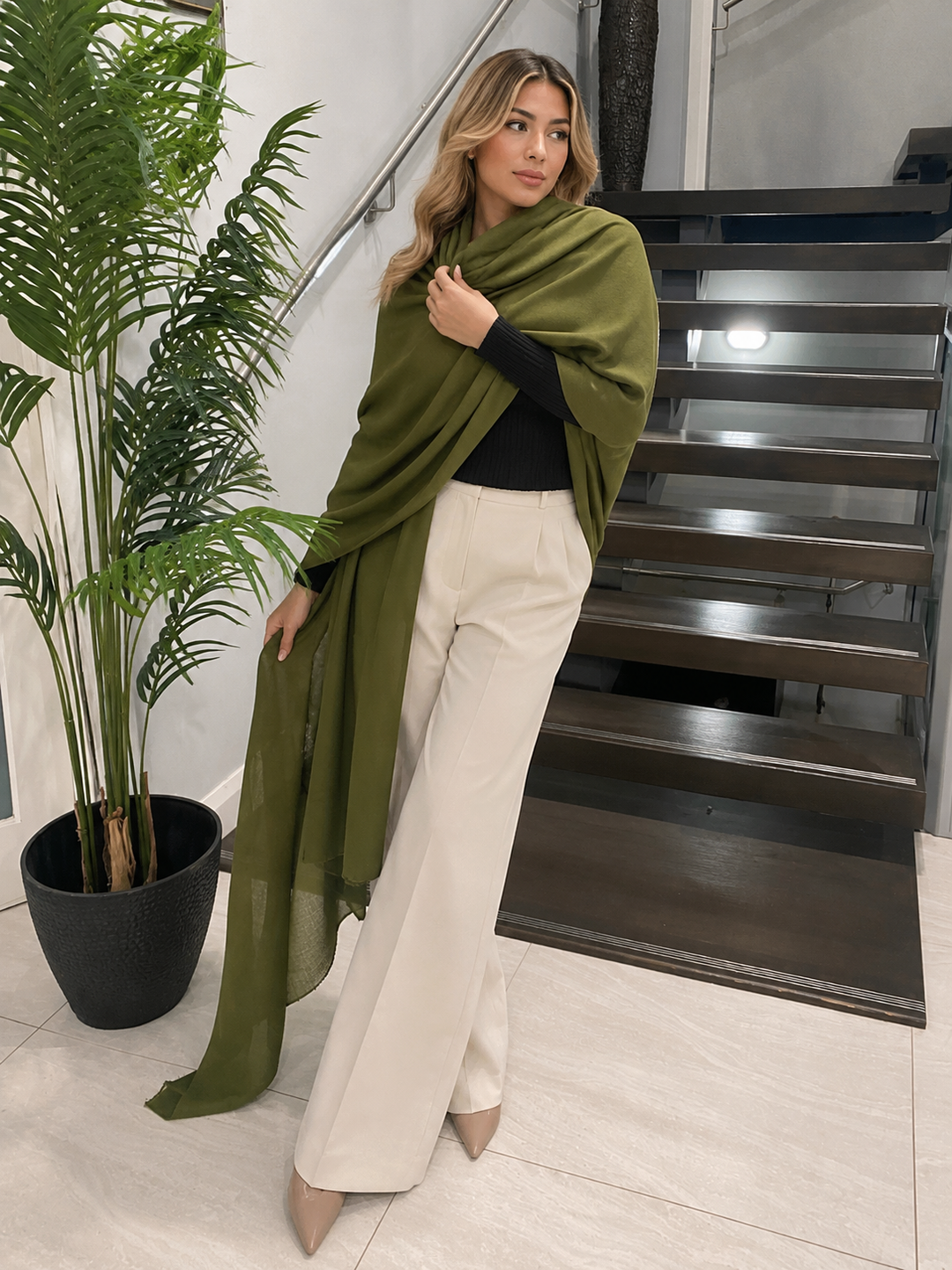 Olive Green Julian 100% Cashmere Ultra fine  oversized scarf/ wrap/ shawl
