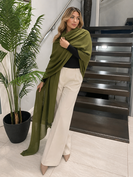 Olive Green Julian 100% Cashmere Ultra fine  oversized scarf/ wrap/ shawl