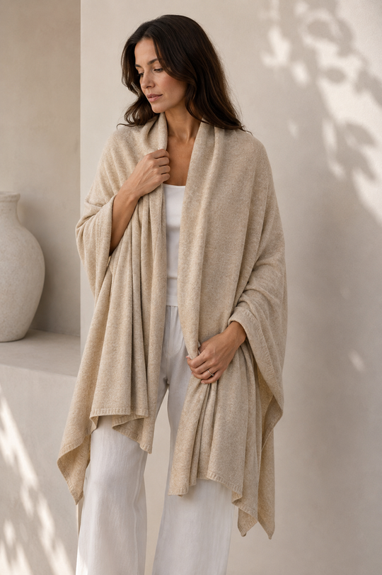 Julian 100% Cashmere Knitted 2 Ply  Extra large Travel Wrap/Shawl-Oatmeal