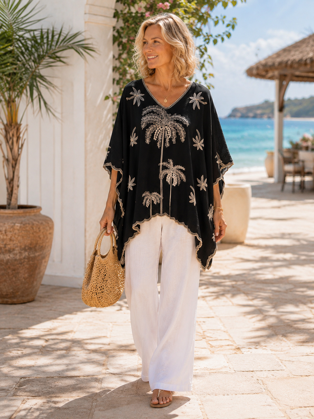 Black Palms Embroidered Maya Top Tunic Kaftan O/S 14-22