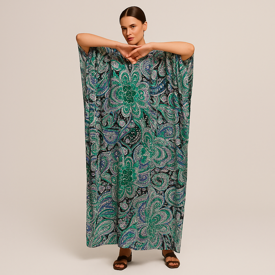Green Paisley Tropical Maya Rayon Cotton Kaftan 12-22