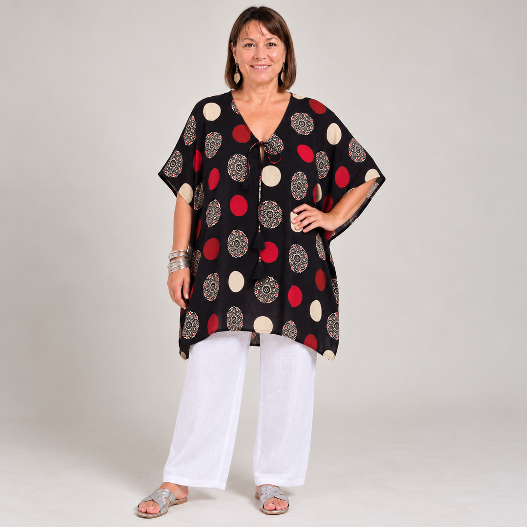 Black 100% Cotton Maya Top Tunic Kaftan With Front Tie - O/S 14-24