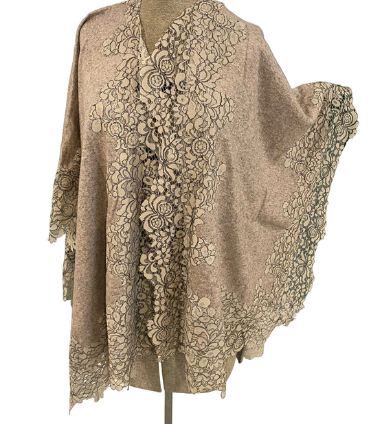 Natural Julian 100% Cashmere Knitted Oversized Cape Shawl with Lace