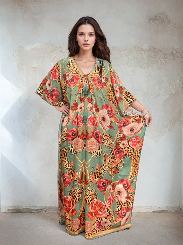 Maya Silk Mix Kaftan,Front tie with embellishments-Sizes AU 12-32