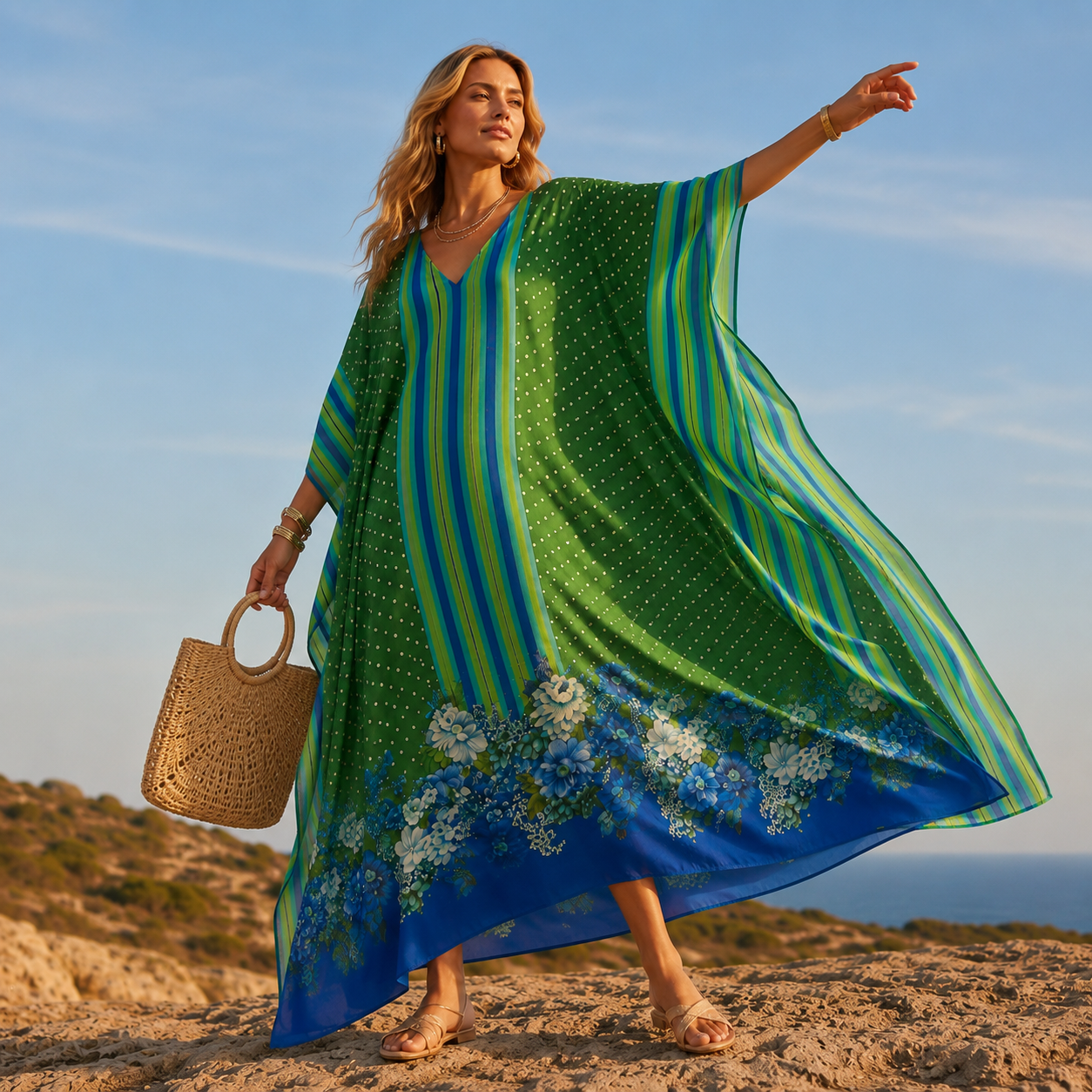 Maya Bliss Boho Green Blue kaftan - Sizes Available AU 14-32