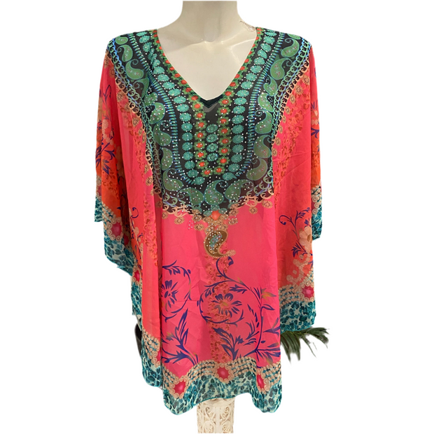 Kyra Relax Fit Bohemian Sheer Embellished  Kaftan Top One Size 10 to 22