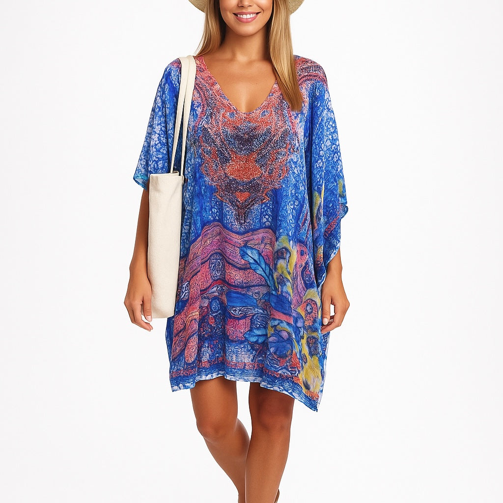 Kyra Relax Fit Bohemian Sheer Embellished  Kaftan Top One Size 10 to 22