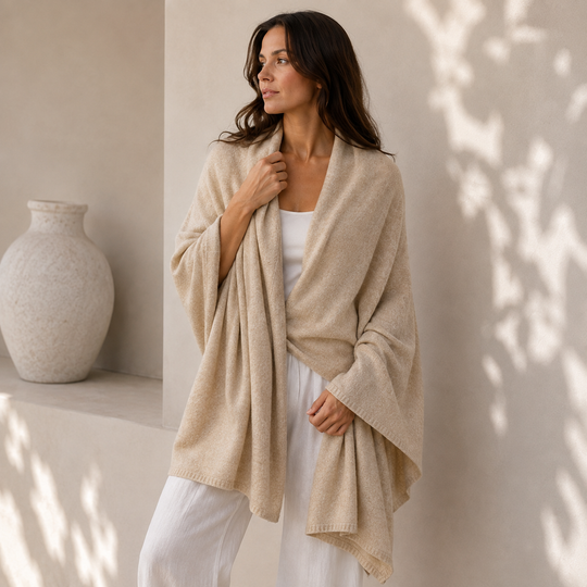 Julian 100% Cashmere Knitted 2 Ply  Extra large Travel Wrap/Shawl-Oatmeal