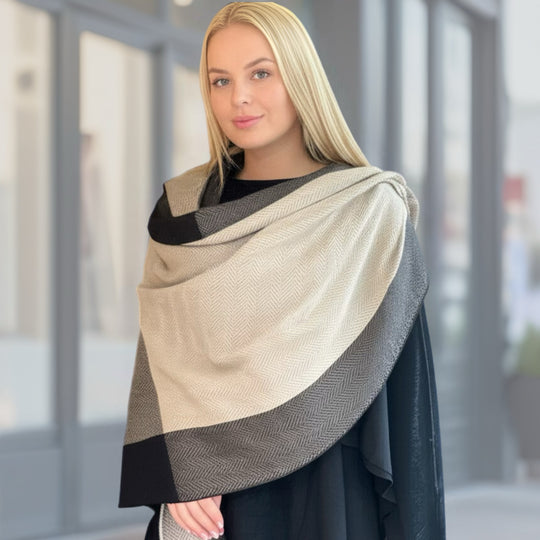 Colour block Herringbone 100% Cashmere Julian Scarf /Wrap