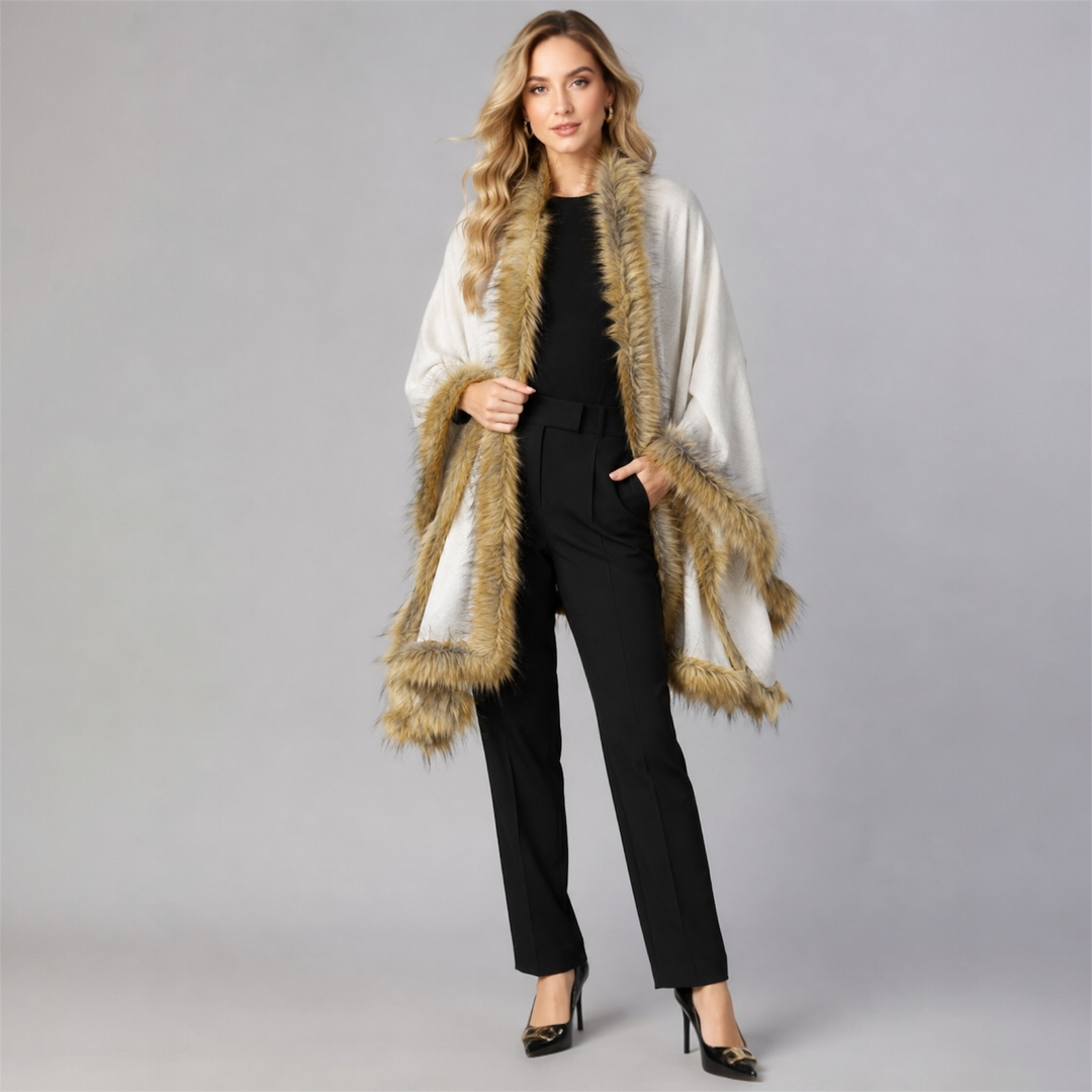 Faux Fur Ivory 100% Cashmere Handwoven Shawl Wrap