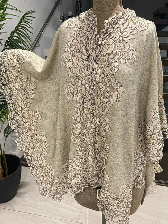 Julian 100% Cashmere Oversized Knitted Cape with Lace