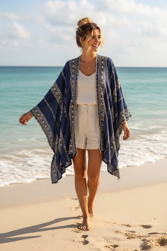 Navy Blue Embroidered Maya Coverup Kimono O/S 14-22