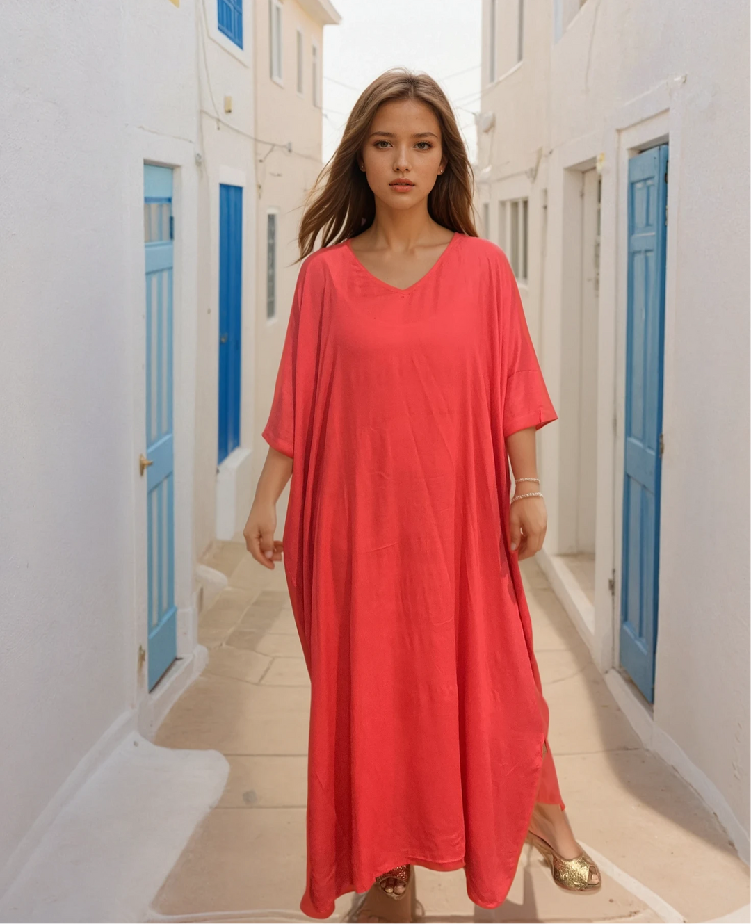 MAYA Coral Pink Rayon Kaftan Maxi Dress Sizes Available Au 22-32