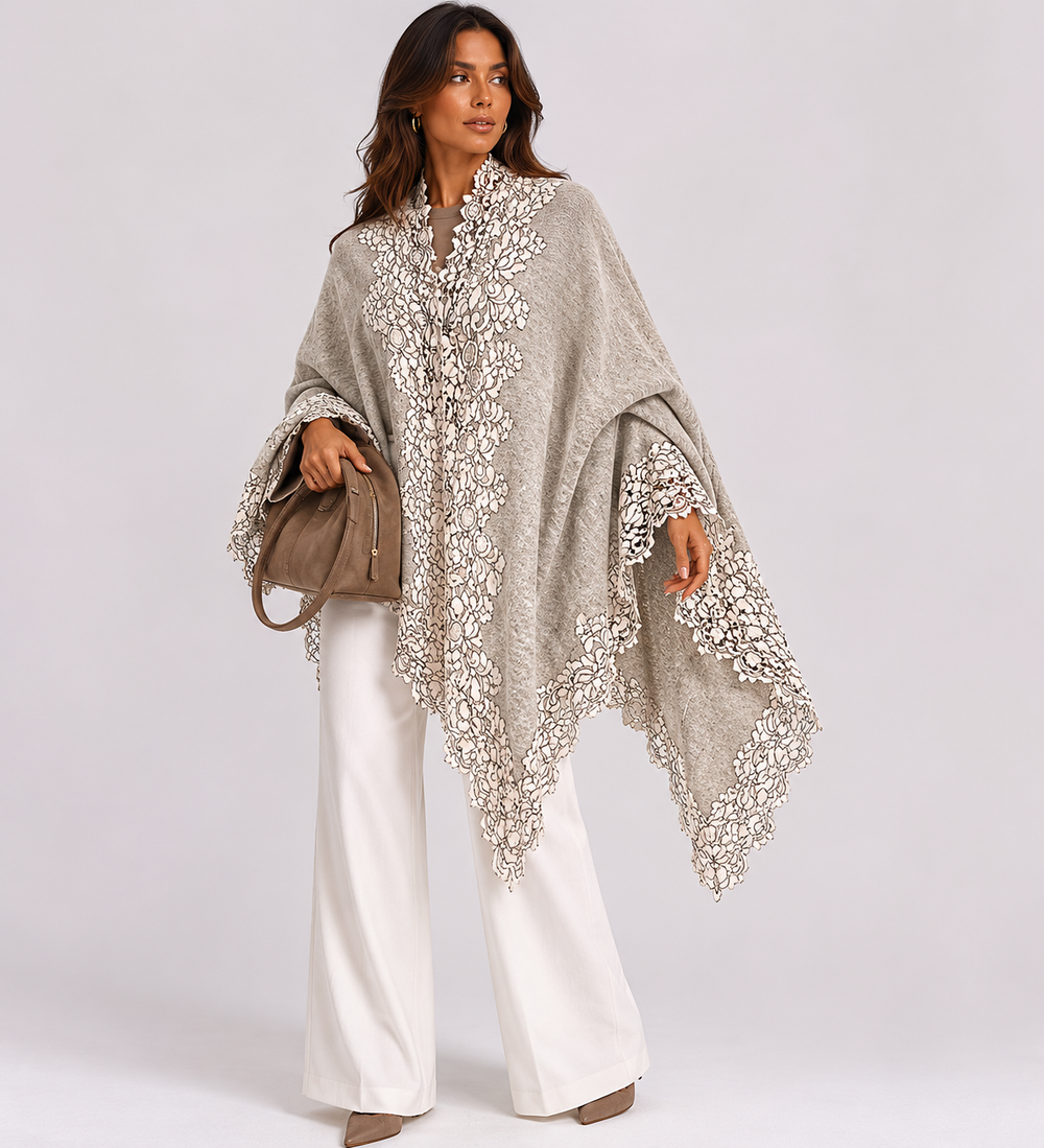 Heather Grey Oversized Julian 100% Cashmere Knitted Cape Shawl with Lace
