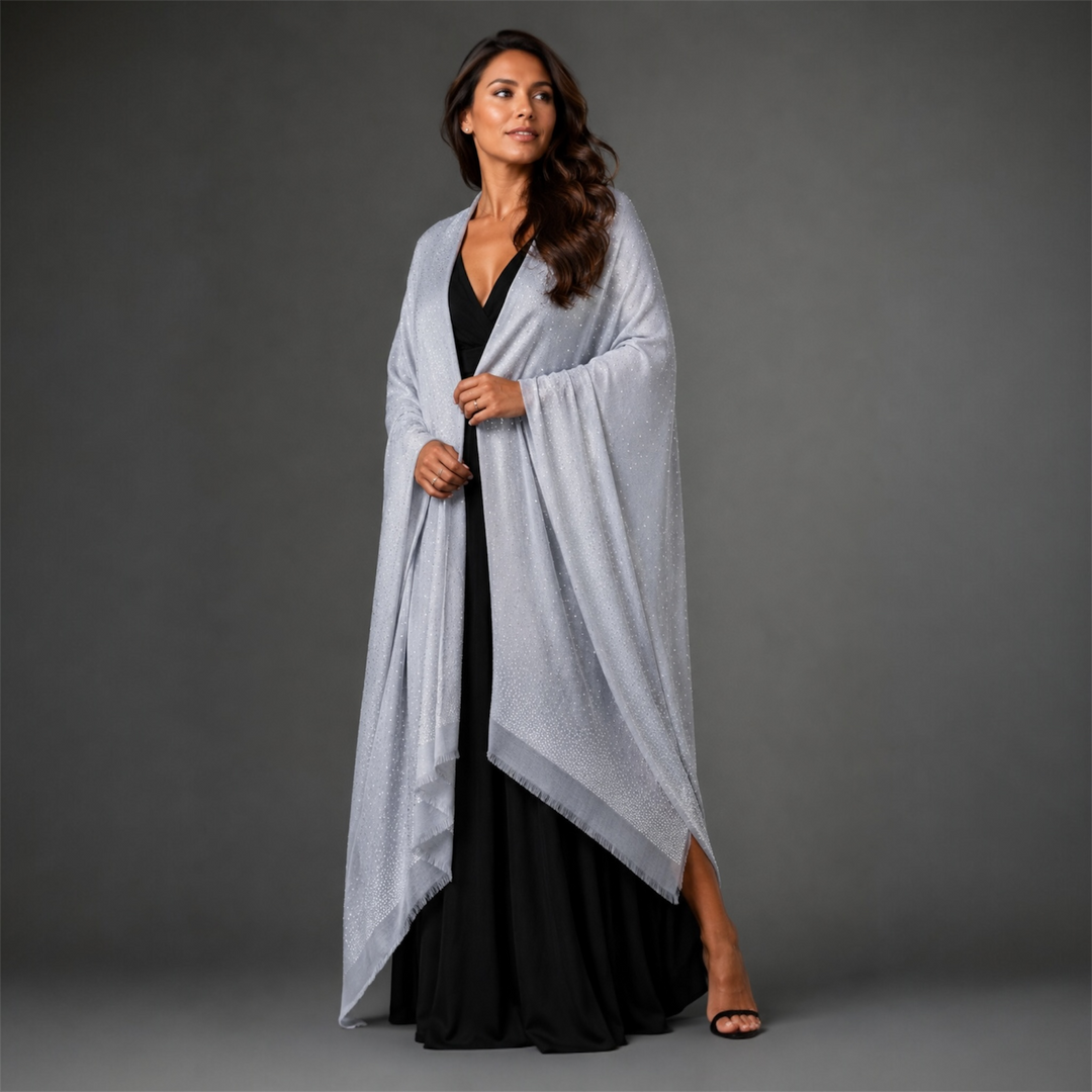 Julian Cashmere Oversized Ultralight Heavily Beaded Wedding Wrap Shawl-Ice Blue
