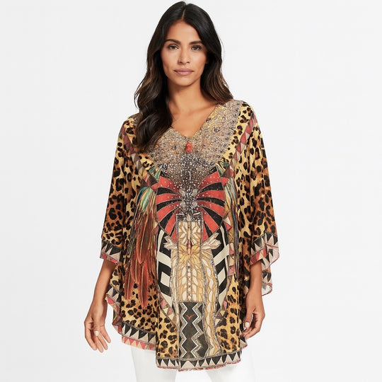 Kyra Relax Fit Bohemian Sheer Embellished  Kaftan Top One Size 10 to 22