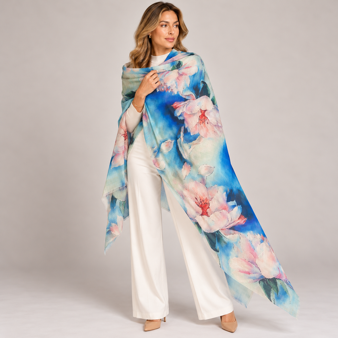 Mklane Cashmere Ultra fine Julian Wearable Art Scarf-Coastal Mangolia