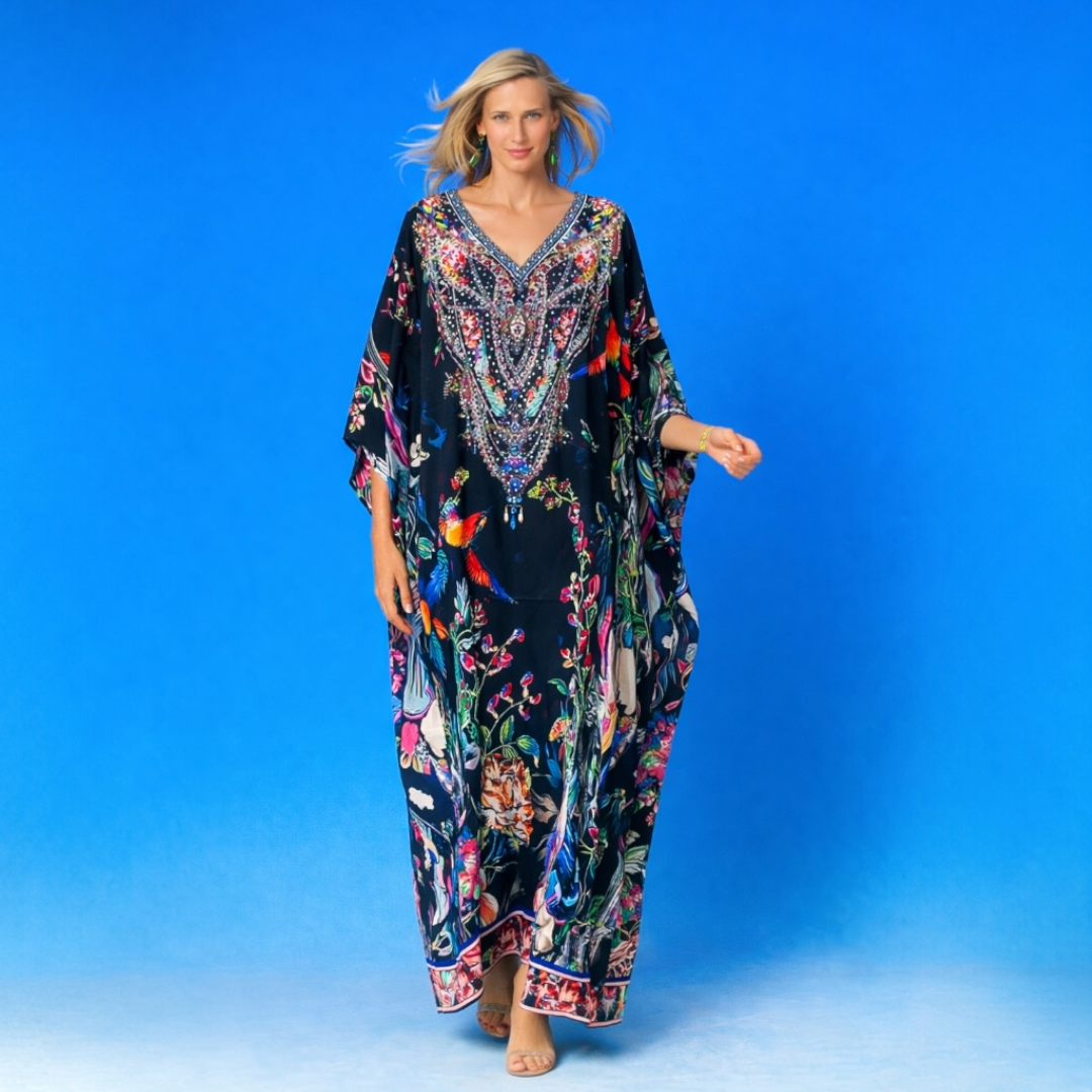 Black Maya Silk Mix Bling Kaftan.         Sizes Available AU 12-32