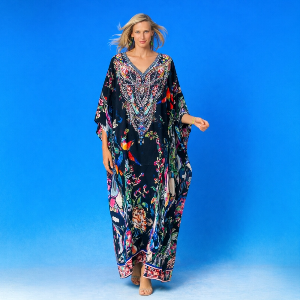 Black Forest Maya Mix Silk Embellished Bling Kaftan.            Sizes Available AU 12-32