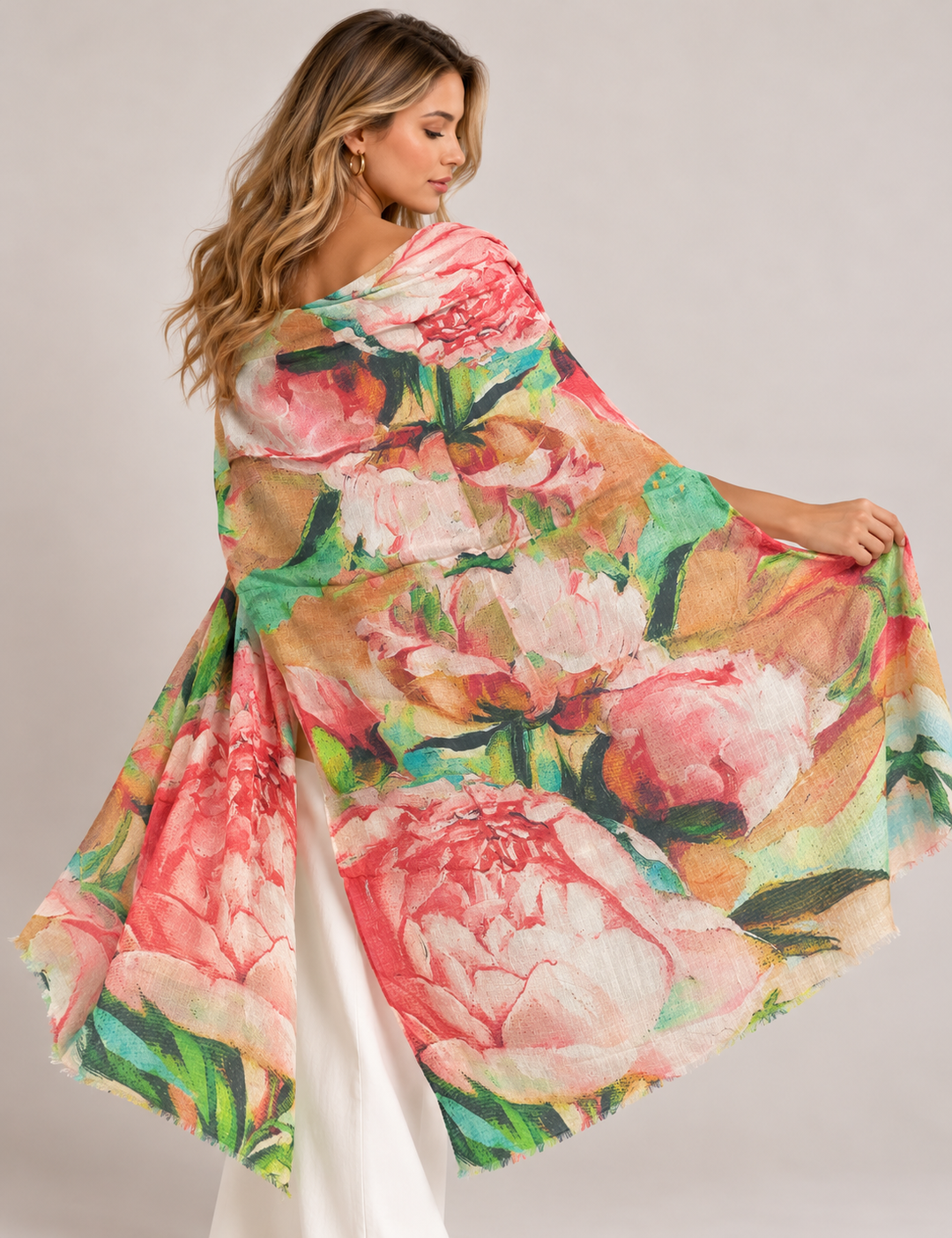 Mklane Cashmere Ultra fine Julian Wearable Art Scarf -Peony Spring