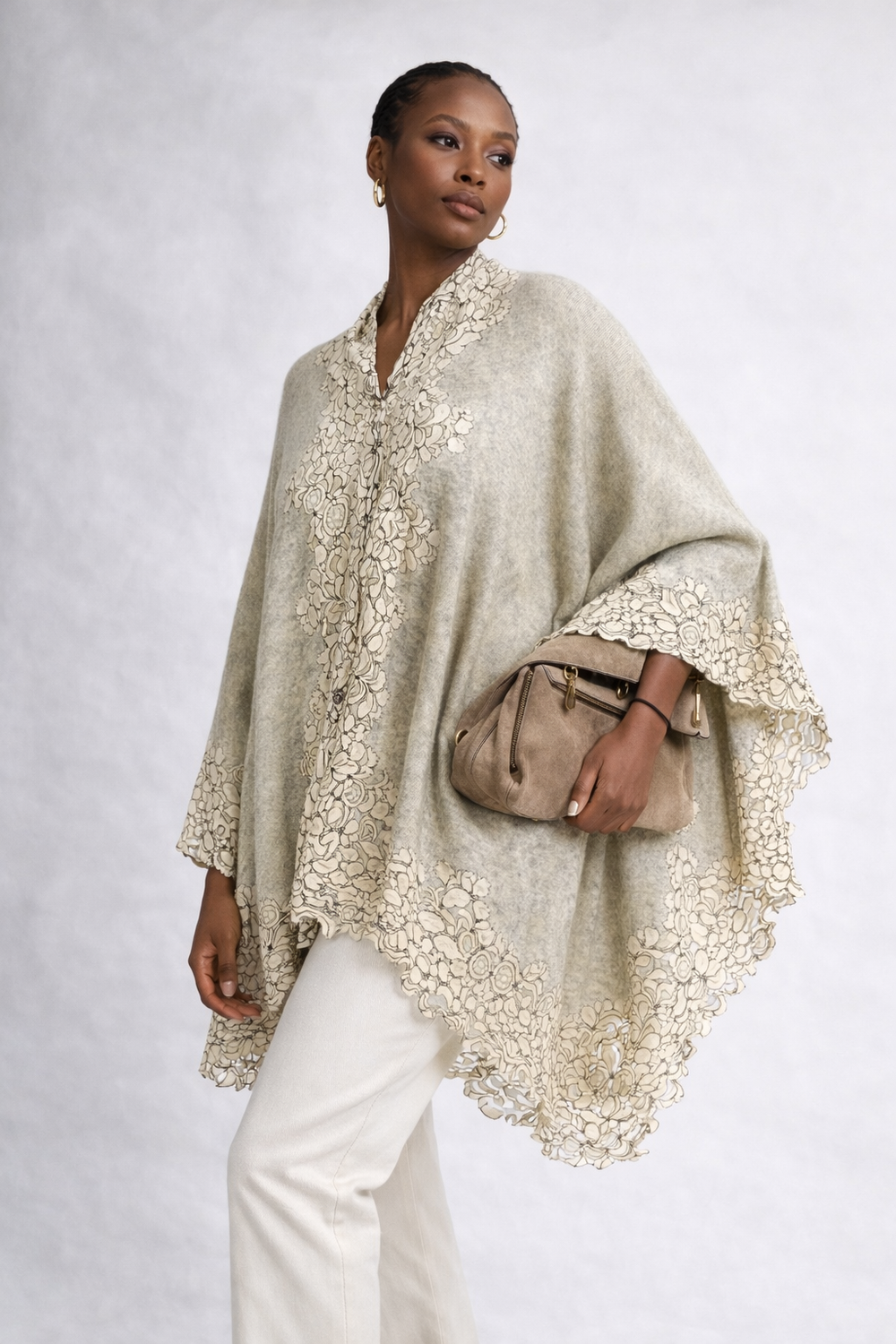 Julian 100% Cashmere Oversized Knitted Cape with Lace