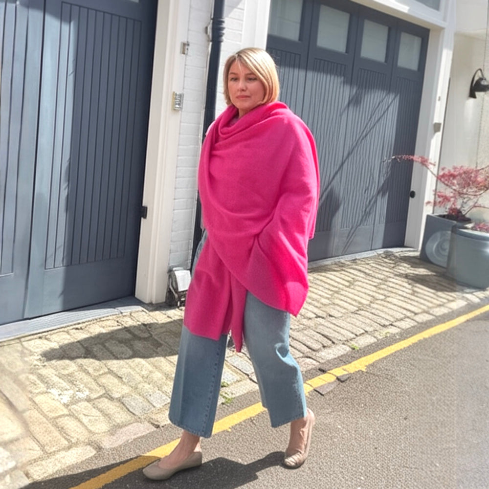 100% Cashmere 2 ply Knitted Julian Oversized Wrap -Fuchsia