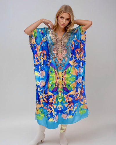 Maya Silk Mix Bling Kaftan.                                 Sizes Available AU 12-32