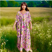 Pink Lilac Maya Tropical Resort Cotton Bamboo Kaftan Dress