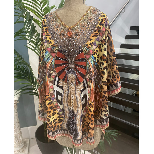 Kyra Relax Fit Bohemian Sheer Embellished  Kaftan Top One Size 10 to 22