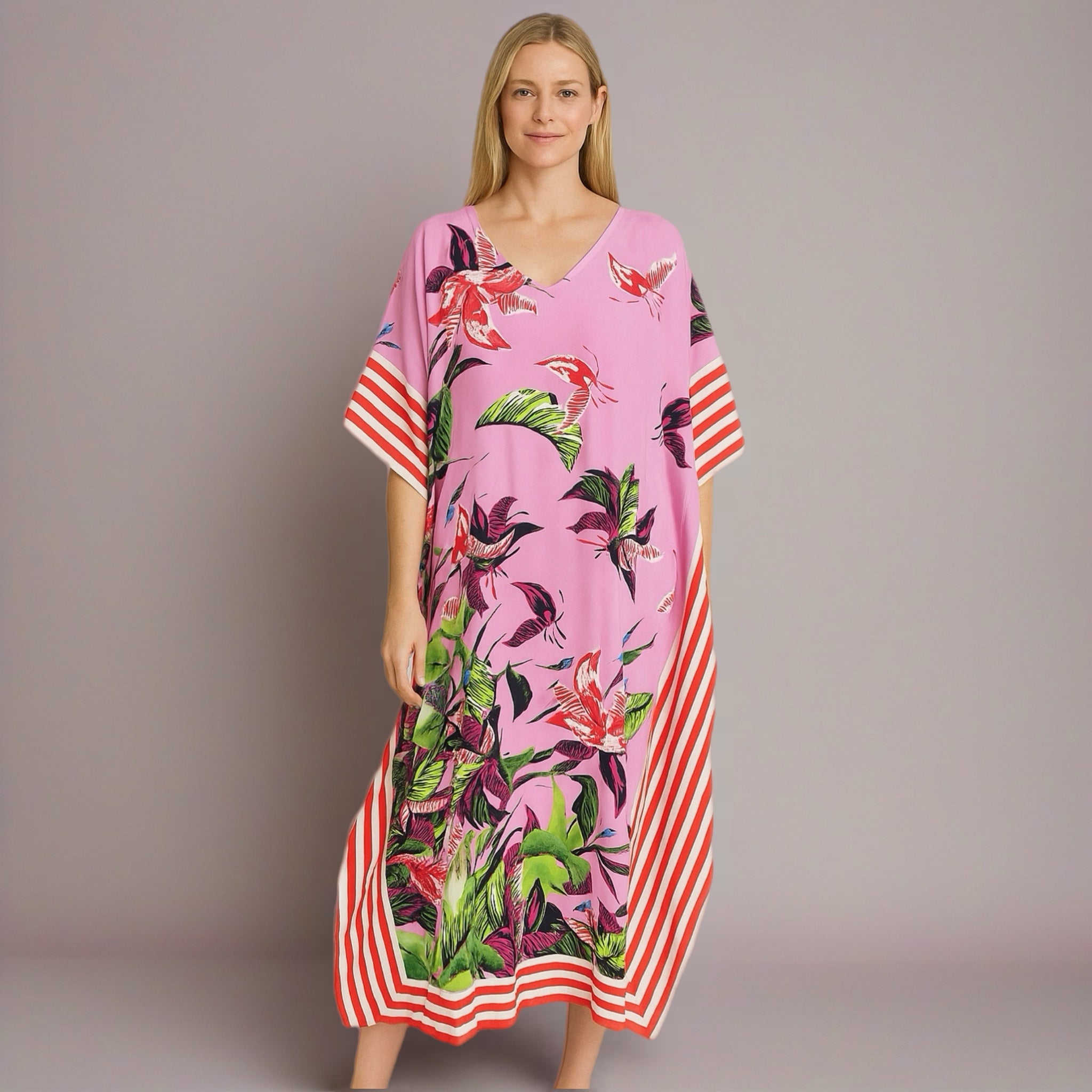 Maya Tropical 🌴 Pink Rayon kaftan  - Sizes Available AU 14-30