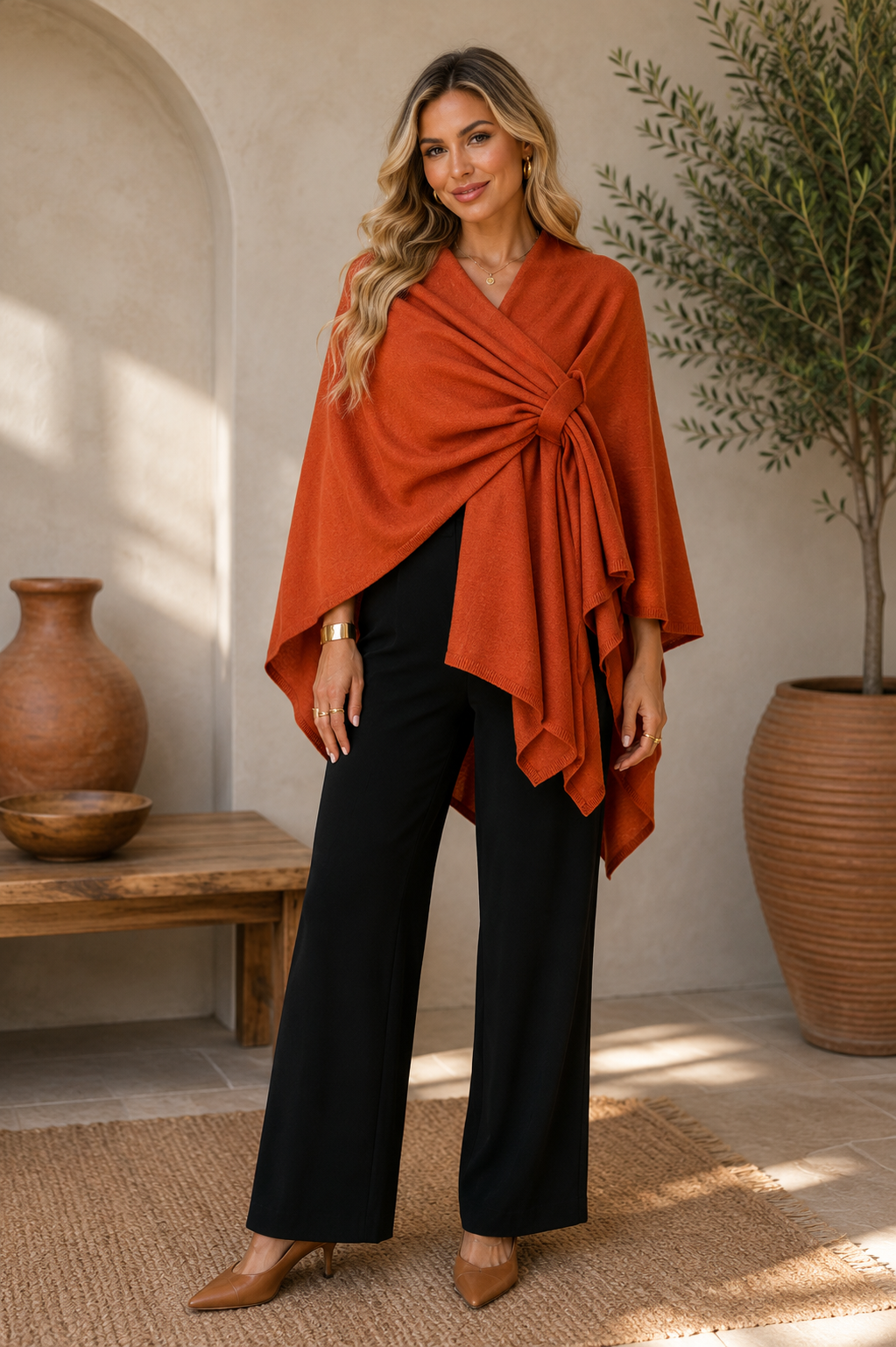 RITZY Front Closure Luxurious Maya Winter Cardigan Poncho Sweater Burnt Orange