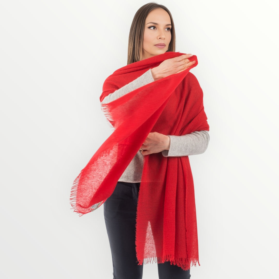 Red Julian handwoven pure Cashmere Travel Wrap
