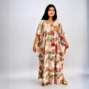 Tropical Maya  Cotton Rust Kaftan Dress- Hues of Pink Lilac Rust