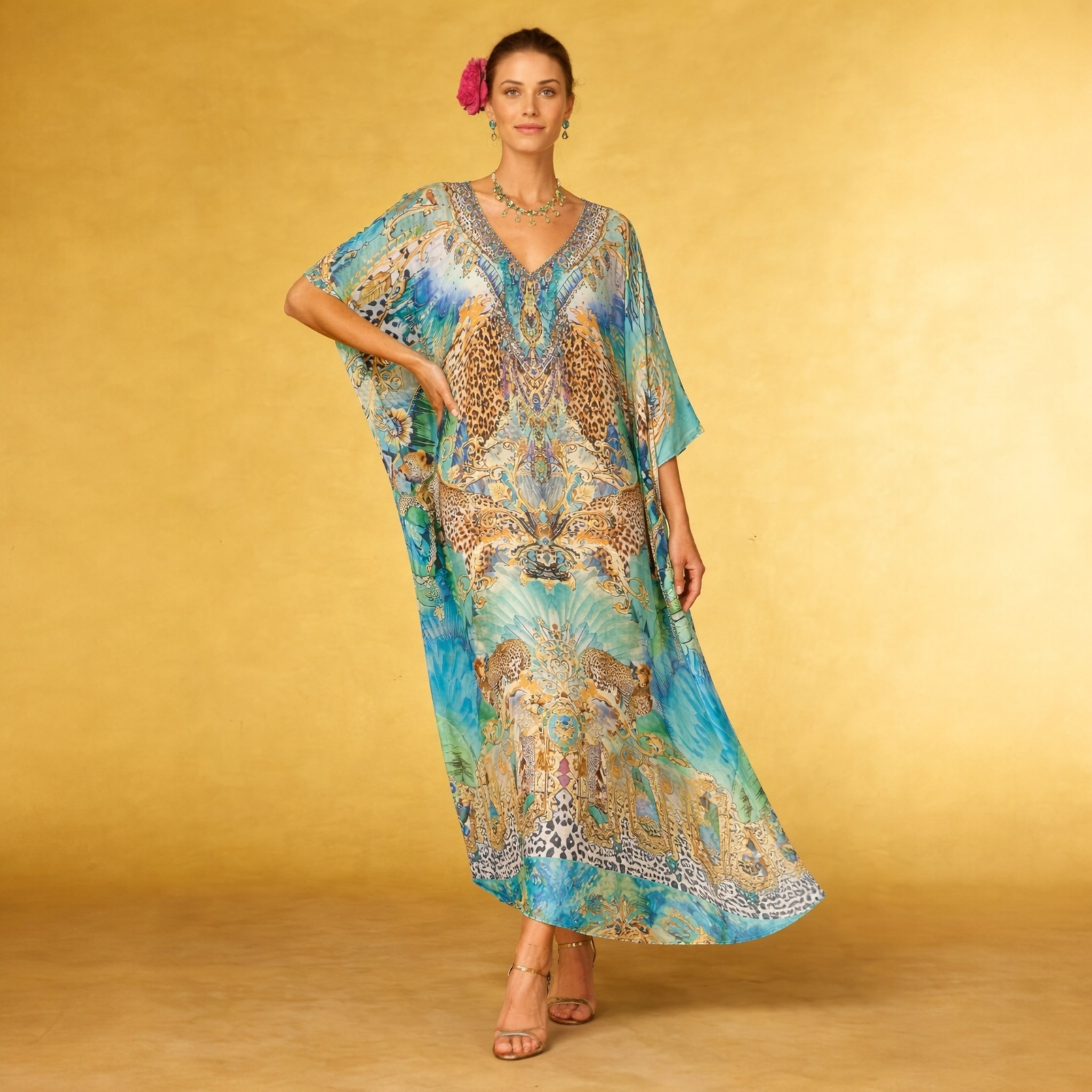 Aqua Miraza Maya Mix Silk Embellished Bling Kaftan.            Sizes Available AU 12-32