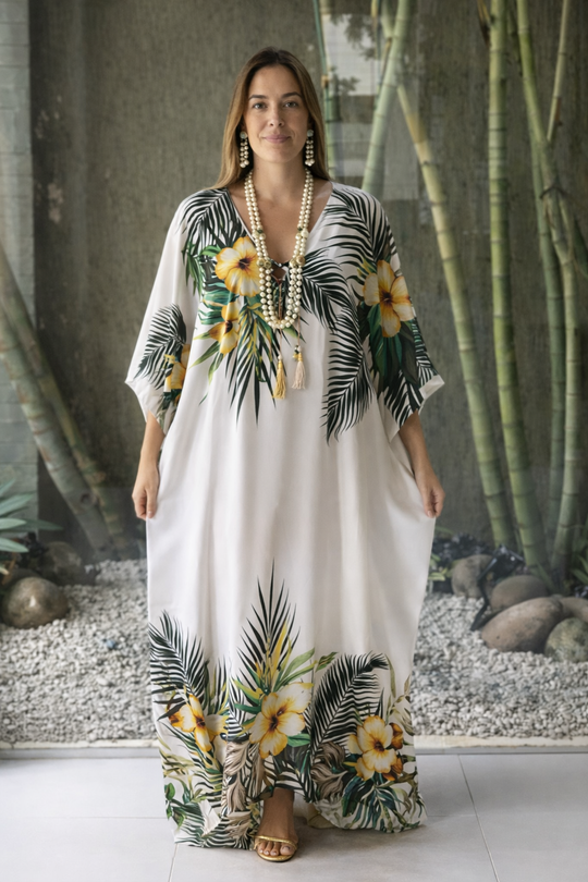 Coco Bella Milano’s Flora White Fern kaftan 12-20